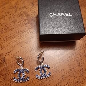 Chanel Blue Hoop Dangle Pearl Earring